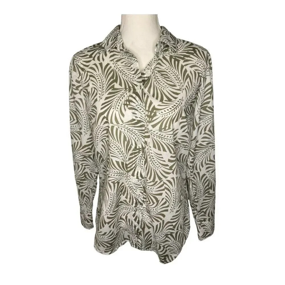 Talbots Women’s Small White & Green Classic Cotton Shirt With Fan Leaves